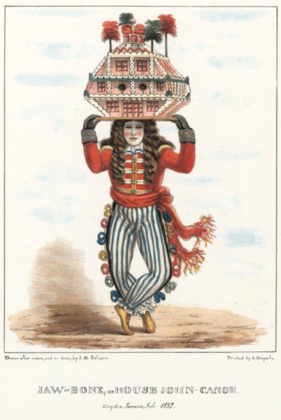 “Jaw-Bone, or House John-Canoe,” Kingston, 1837, by Isaac Mendes Belisario. The dancer carries a model house on his head. Public domain, via Wikimedia Commons.