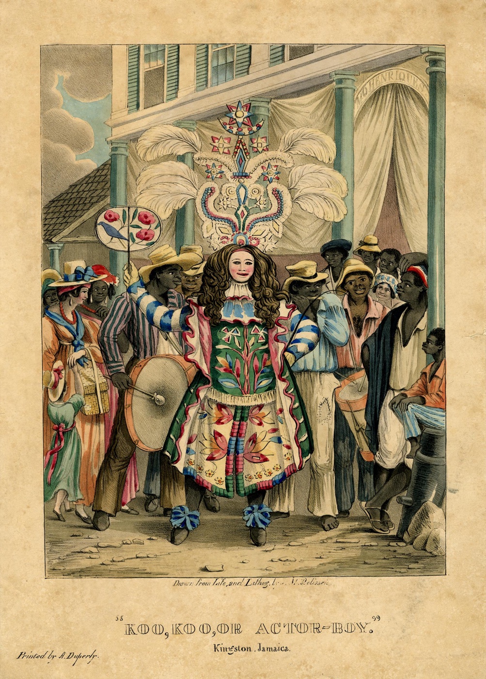 “Koo, Koo, or Actor-Boy,” a Jonkonnu character in Kingston, Jamaica, 1837, by Isaac Mendes Belisario. Public domain, via Wikimedia Commons.